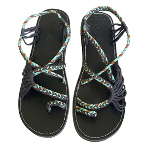 Plaka Palm Leaf Flat Sandals Womens 8 Braided Strappy Turquoise Grey Toe‎ Loop Blue thumbnail 3