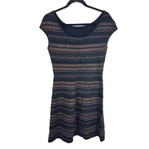 Peruvian Connection Black Gold Metallic Zig Zag Knit Cap Sleeve Mini Dress Small thumbnail 3