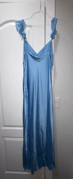 Beginning Boutique Sky Blue Satin Maxi with Ruffle Straps thumbnail 2