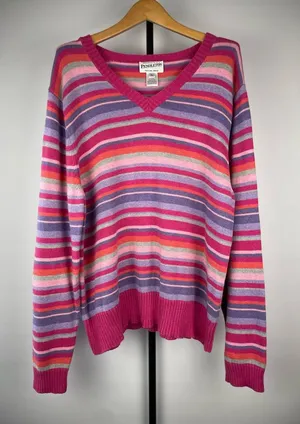 Vintage‎ Pendleton Pink Purple Colorful Stripes 90s Women's V-Neck Knit Sweater thumbnail 1