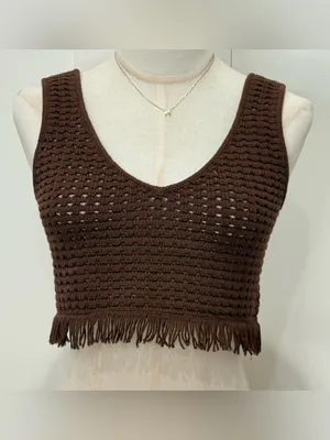 Reformation Lieta Open Knit Top Small Brown Crochet Festival Fringe Chic Fall thumbnail 4