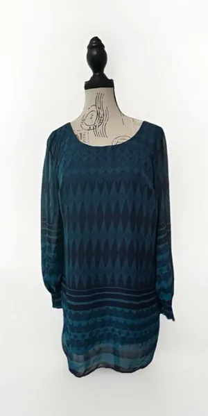 Love Fire Womens Small Dress Teal Navy Blue Sheer Overlay Long Sleeve Tunic thumbnail 1