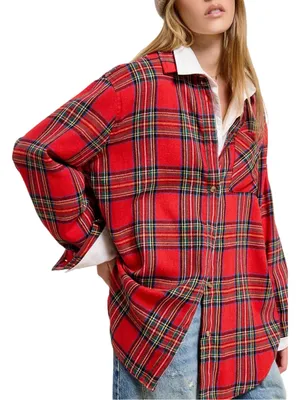 La Miel Plaid Oversized Shirt Red Button Front Long Sleeve Womens Small New thumbnail 4