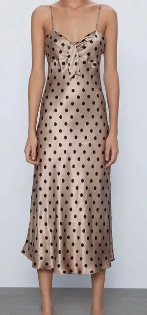 Champagne and black polka dot satin midi dress with tie front detail thumbnail 1