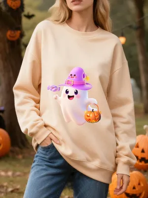 Beige Sweatshirt with Ghost and Pumpkin Design M Purple Size M thumbnail 1