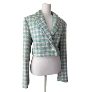 Zara Sea Green, Lavender & White Textured Cropped Single Breasted Blazer thumbnail 6