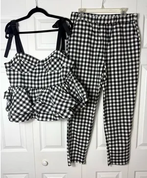 Shein Black White Gingham Check Peplum Top Pants Matching Set Size XL NWOT thumbnail 1