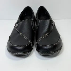 Clarks Shoes Women 8W Cheyn Madi Slip On Black Leather Comfort Casual Office thumbnail 2