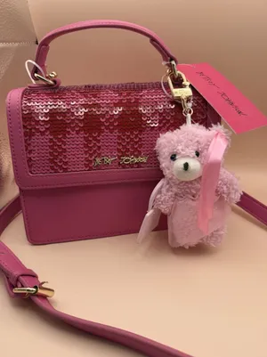 Betsey Johnson Pink Red‎ Sequin Houndstooth Crossbody Bag Teddy Bear Charm NEW thumbnail 1