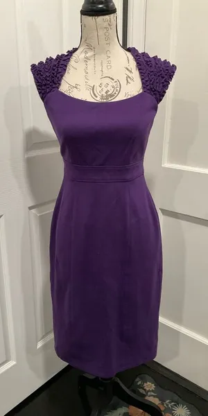 London Times Purple‎ Sheath Dress With Ruffled Cap Sleeves thumbnail 1