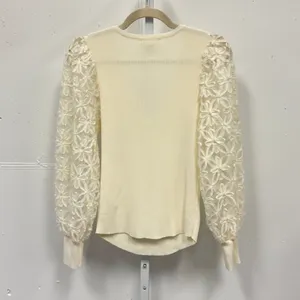 Entro Cream Ribbed V-Neck Sweater‎ Floral Lace Balloon Sleeve Top T19885 Large thumbnail 2