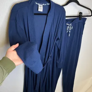 Lands End Womens Navy Blue Ribbed Knit Robe Pajama Pants Lounge Set‎ Size S 6-8 thumbnail 1