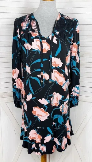 Maeve Anthropologie Ragonda‎ Floral Smocked Shoulder Tunic Shift Dress Black 4 thumbnail 1