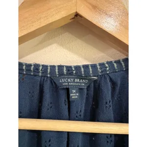 Lucky Brand Indigo Blue Striped Eyelet Crochet Lace Sleeve‎ Peasant Top 1X thumbnail 3