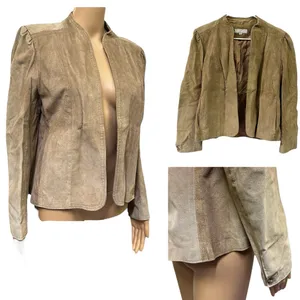 Vintage Suede Tan Open Front Pocket Jacket Puff Sleeve Womens Juniors 9 10 thumbnail 2