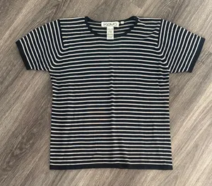 Black and Gray Striped Tee Silk Blend Casual Short Sleeve Top thumbnail 1