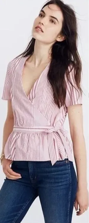 Madewell NWOT Women's Ruffle-Hem Wrap Top in Stripe Mix Deep Crimson Size XS thumbnail 1