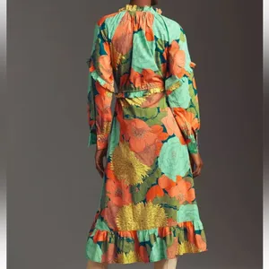 Farm Rio Long Sleeve Midi Dress Green Floral NWT thumbnail 3