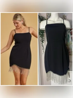 Trixxi Black Silver Rhinestone Chain Fringe Mini LBD Dress Size Large thumbnail 2