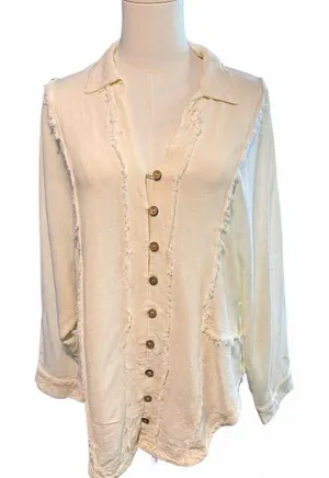 Böhme Cream Rayon Linen Blend Raw Edge Button Front Boho Blouse Size Small thumbnail 1