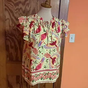 Rachel Roy Boho Parrot Print Flutter Sleeve Blouse Small Colorful Bohemian Top thumbnail 9