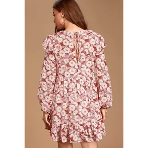 Free People Mini Dress These Dreams L Red Tea Floral Pleated Ruffle Cottagecore thumbnail 4