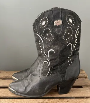 VINTAGE DINGO Embellished Silver Leather‎ Cowboy Black Heeled Boots 9 A29 thumbnail 1
