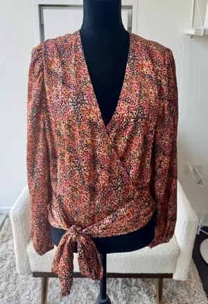 Express Orange Multicolor Satin Wrap Front V-Neck Blouse Size Large NEW! thumbnail 1