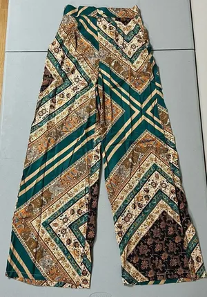 Green Brown Floral Paisley Print Satin Flare Pants Bottoms Wide-Leg Trousers Size XS 🌻✨ thumbnail 1