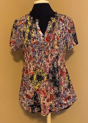 ❤️ Anthropologie Akemi + Kin Mesh Printed Floral Peplum Shirring Blouse thumbnail 1