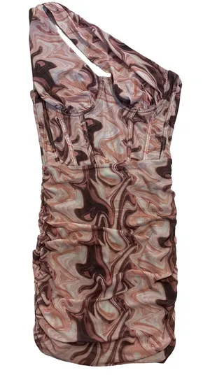 One-Shoulder Ruched Dress in Brown Marble Print thumbnail 1