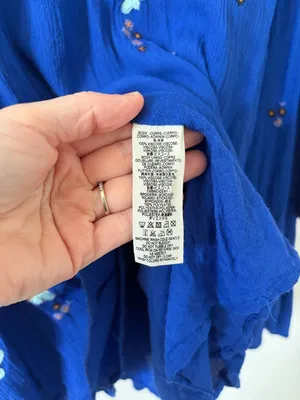 Free People Oxford Embroidered Cobalt Blue Long Sleeve Baby Doll Boho Dress M thumbnail 4