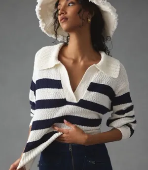 Anthropologie Maeve V Neck Striped Polo Pullover Sweater thumbnail 1