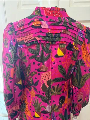 Farm Rio Jungle Print Maxi Dress Womens Pink Leopard Monkey Long Sleeve Sz S thumbnail 12