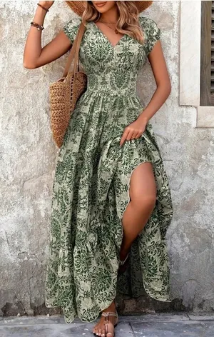 Forest Green V-Neck Floral A-Line Maxi Dress thumbnail 1