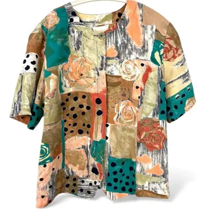 vintage 1990s | L | Blouse Top Shirt with a rose and dots patchwork print women thumbnail 1