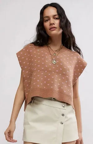 Free People V-Neck Cropped Knit Vest in Light Brown with Pink Accents thumbnail 1