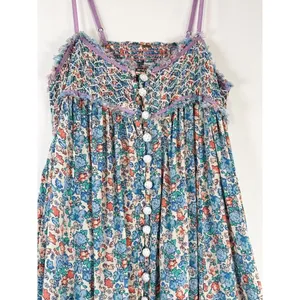 Free People Maxi Dress Blue Molly Jo Floral Button Down Cutout Back Smocked XS thumbnail 9