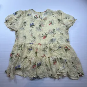 Lily‎ White Floral Yellow Sheer blouse women Size L Short Sleeve thumbnail 6