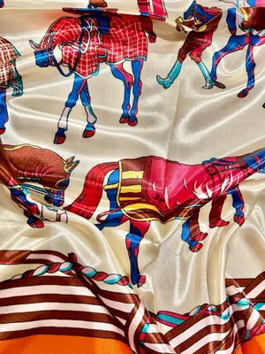 Vintage classic EQUESTRIAN horses PRINT ORANGE/ off white SQUAR SILK SCARF 35/35 thumbnail 5