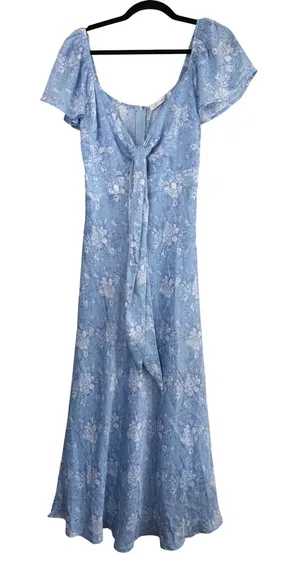 Altar'd State Blue Floral Maxi Dress Short Flutter Sleeve Tie‎ Front Womens S thumbnail 1