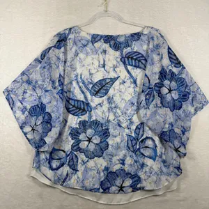White House Black Market Blue Floral Batik Poncho Blouse Gold Lurex Medium thumbnail 7
