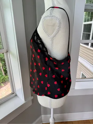 Vintage La Monette Black Lace Satin Camisole with Red Heart Print Size Medium thumbnail 2