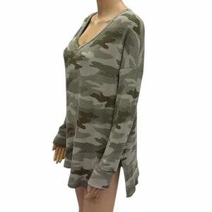 American Eagle Waffle Knit Thermal Green Camouflage V Neck Top Womens Medium thumbnail 3
