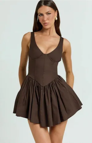 New Showpo Ashlyn Mini Dress in Chocolate Brown Size 12 L thumbnail 1