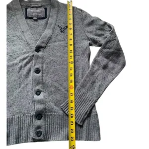 American Eagle Cardigan Sweater Unisex Small Gray Wool Blend Elbow Patch Preppy thumbnail 8