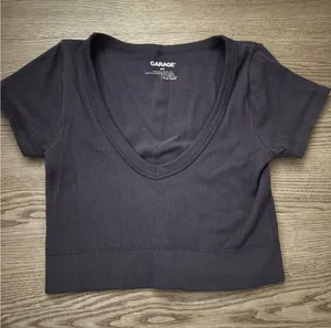 Garage Ribbed Seamless Crop Top V-Neck Short Sleeve Blue Medium Women's Tank thumbnail 1