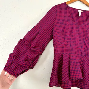 🦋 Allison Joy Red Blue Plaid Puff Sleeve Balloon Long Sleeve Peplum Blouse thumbnail 2