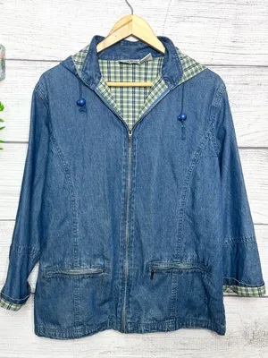 NorthStyle Plaid Lined Zip Front Denim Jacket with Detachable Hood Size Small thumbnail 11