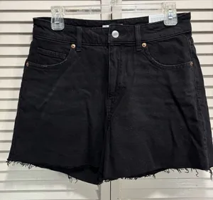 H&M NWT Black Denim Jean‎ Shorts Size 8 Mid Rise Zip Raw Hem Summer Comfort thumbnail 1